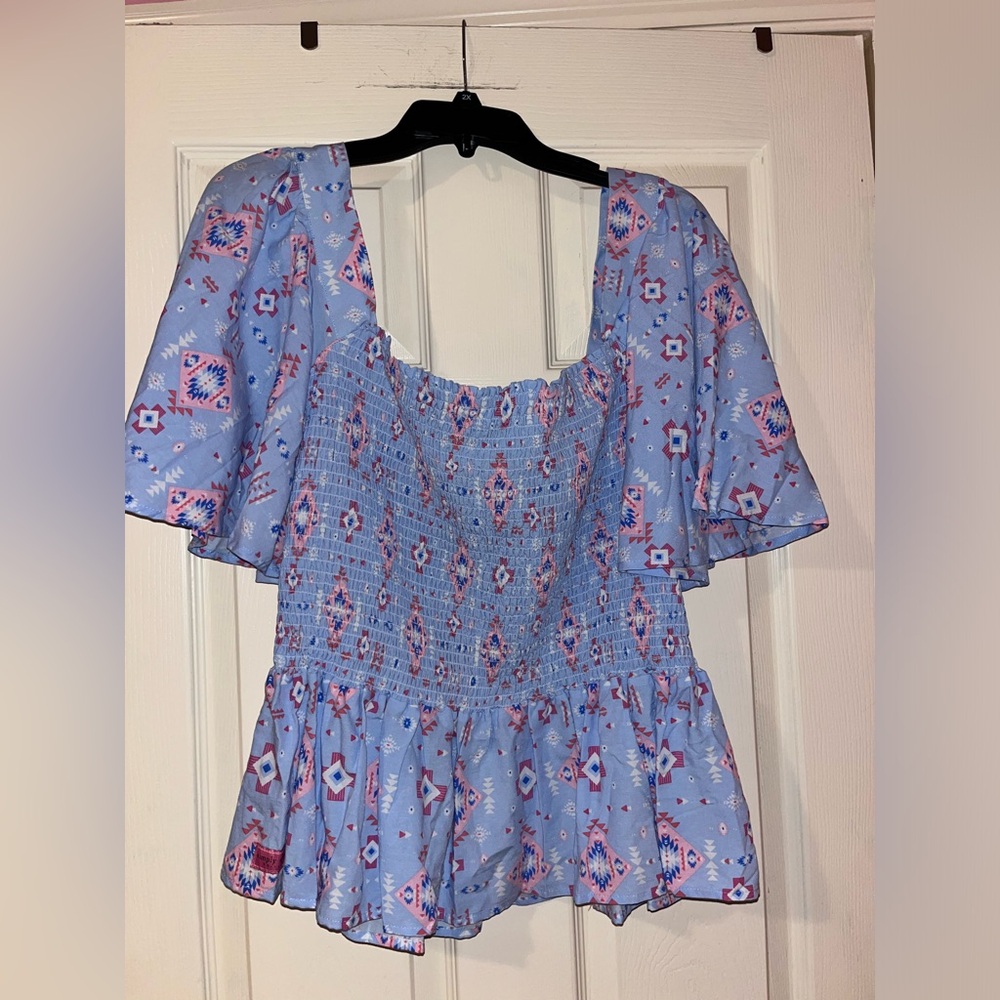 Simply Southern Women's Shirred Blouse‎ Aztec Print Top Size XXL